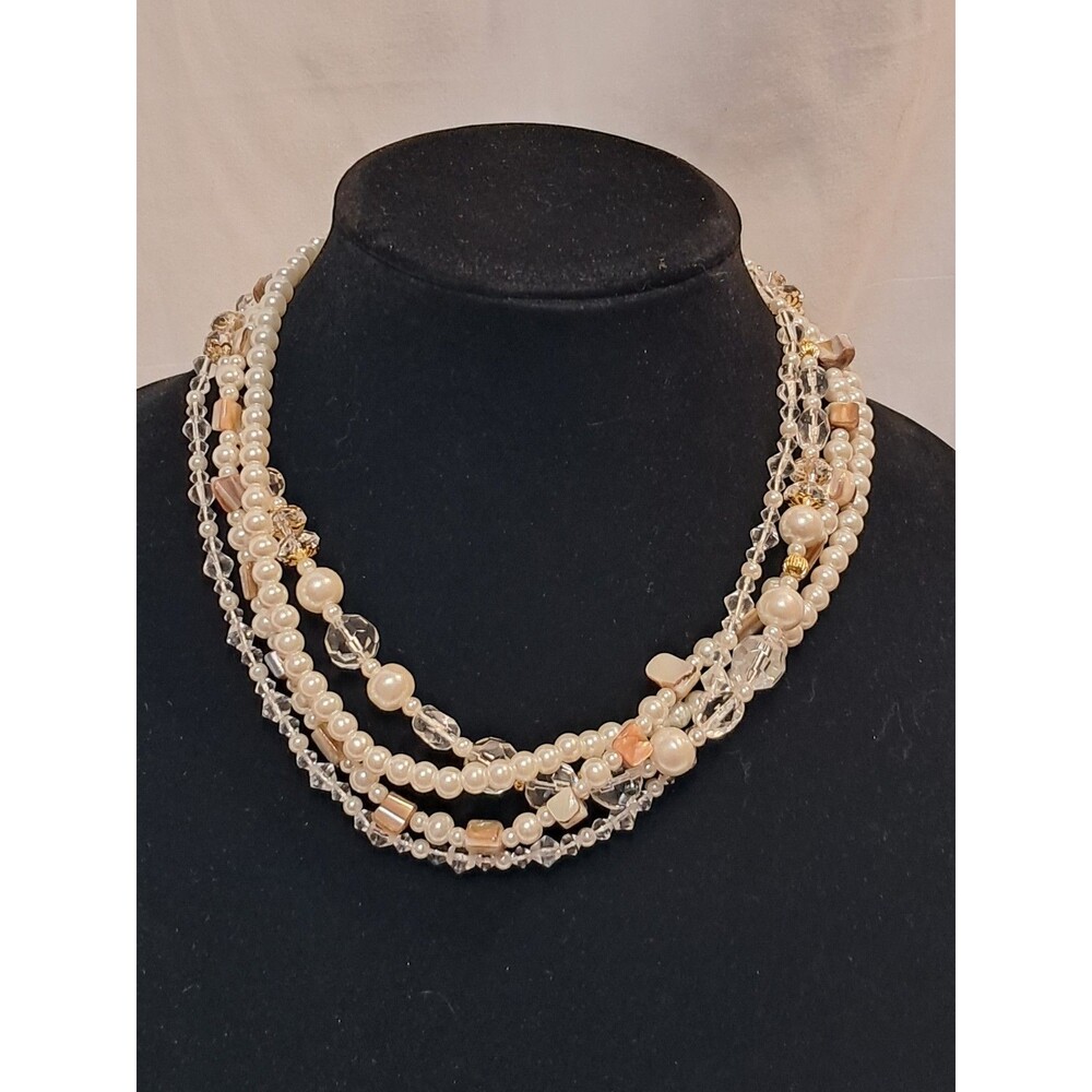 NEW Premier Designs 4 Strand Shell Pearl Glass Necklace 18-21” Gold White Clear